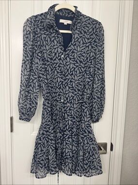 LOFT Navy and White Leaf-Print Long-Sleeve Tie-Waist Dress